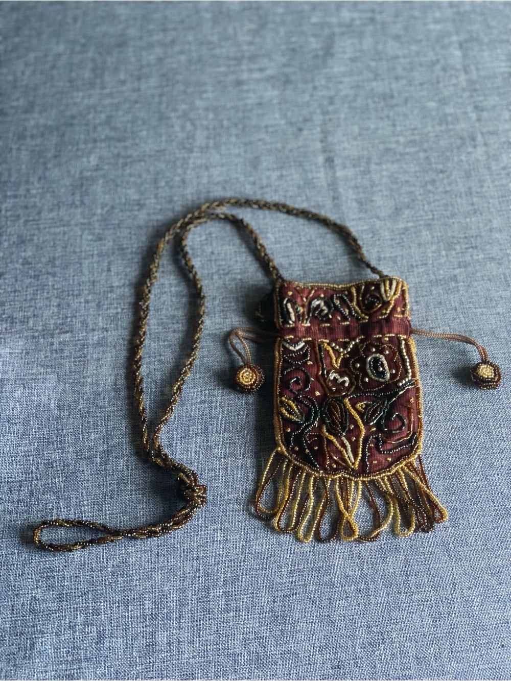 BOHO Beaded Fringe Polti Crossbody Bag in Burgundy and Gold